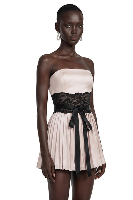Maia Mini Dress Champagne Off Shoulder with Lace Panels