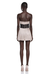 Luciana Champagne Off Shoulder Mini Dress with Lace Panels