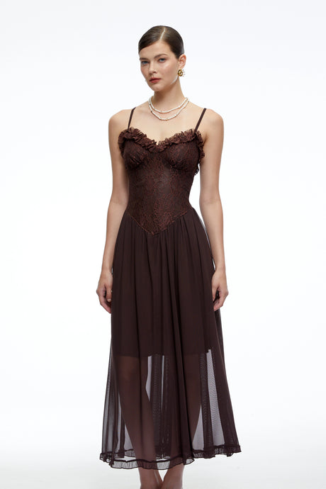 Rita Midi Dress Chocolate Brown Ruffled with Lace Panels