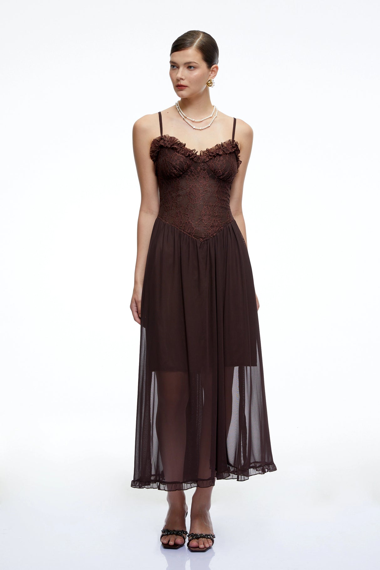 Luciana Chocolate Brown Ruffled Midi Dress with Lace Panels