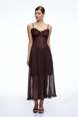 Luciana Chocolate Brown Ruffled Midi Dress with Lace Panels