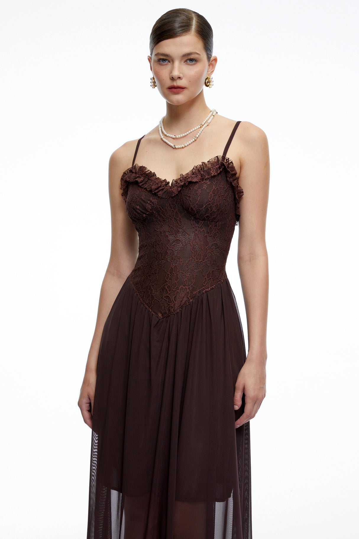 Luciana Chocolate Brown Ruffled Midi Dress with Lace Panels