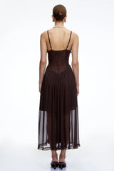 Luciana Chocolate Brown Ruffled Midi Dress with Lace Panels