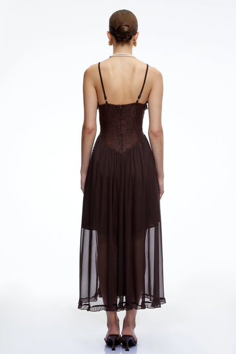 Rita Midi Dress Chocolate Brown Ruffled with Lace Panels