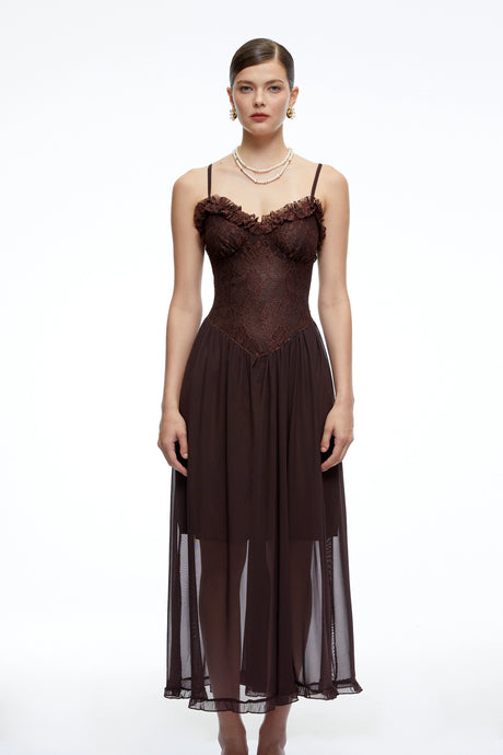 Rita Midi Dress Chocolate Brown Ruffled with Lace Panels