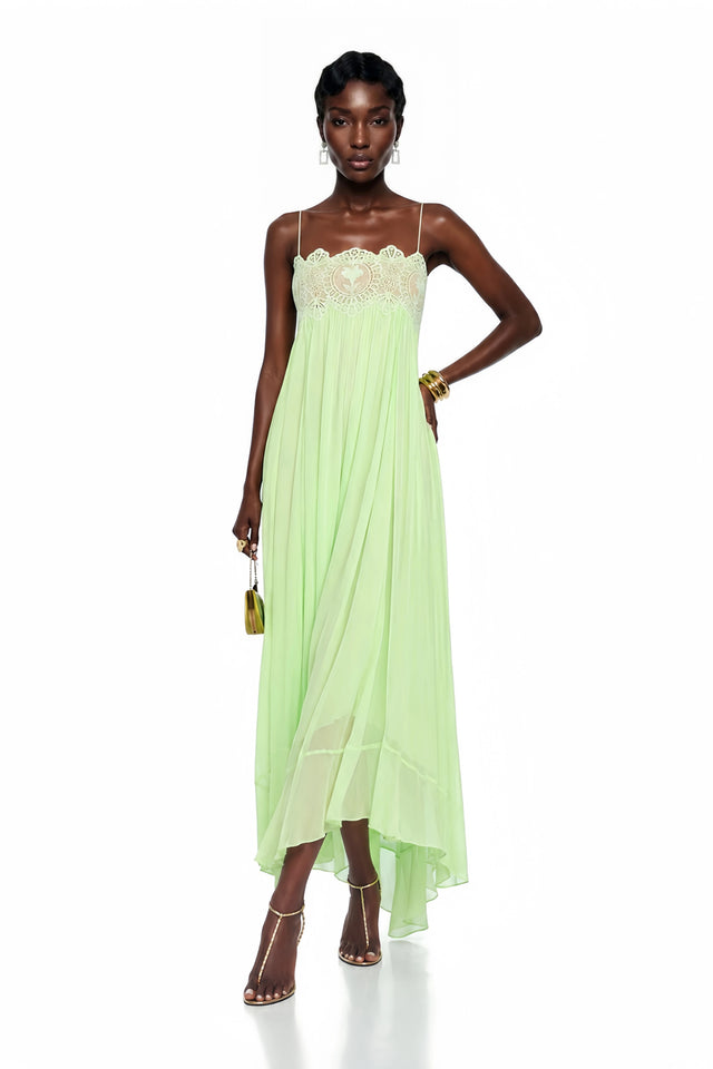 Luciana Emerald Green Sleeveless Maxi Dress with Lace Panels