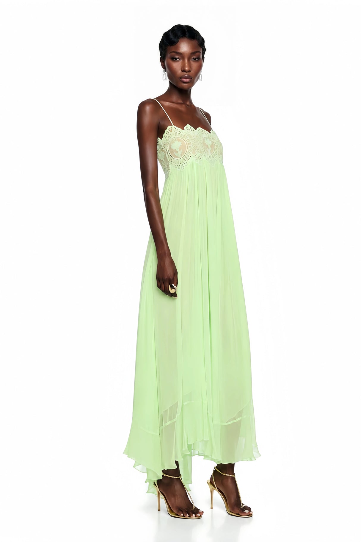 Luciana Emerald Green Sleeveless Maxi Dress with Lace Panels