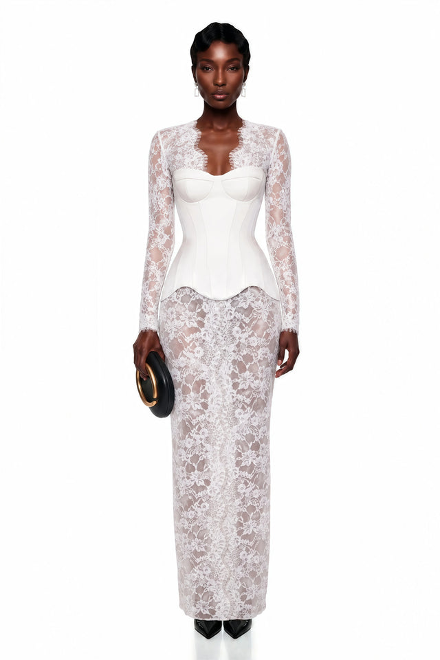 Luciana White Plunge Neck Maxi Dress with Lace Panel