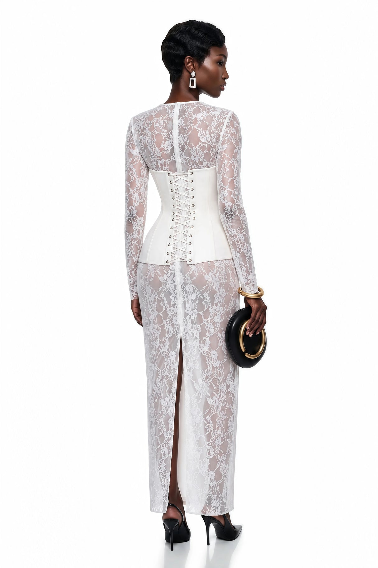 Luciana White Plunge Neck Maxi Dress with Lace Panel