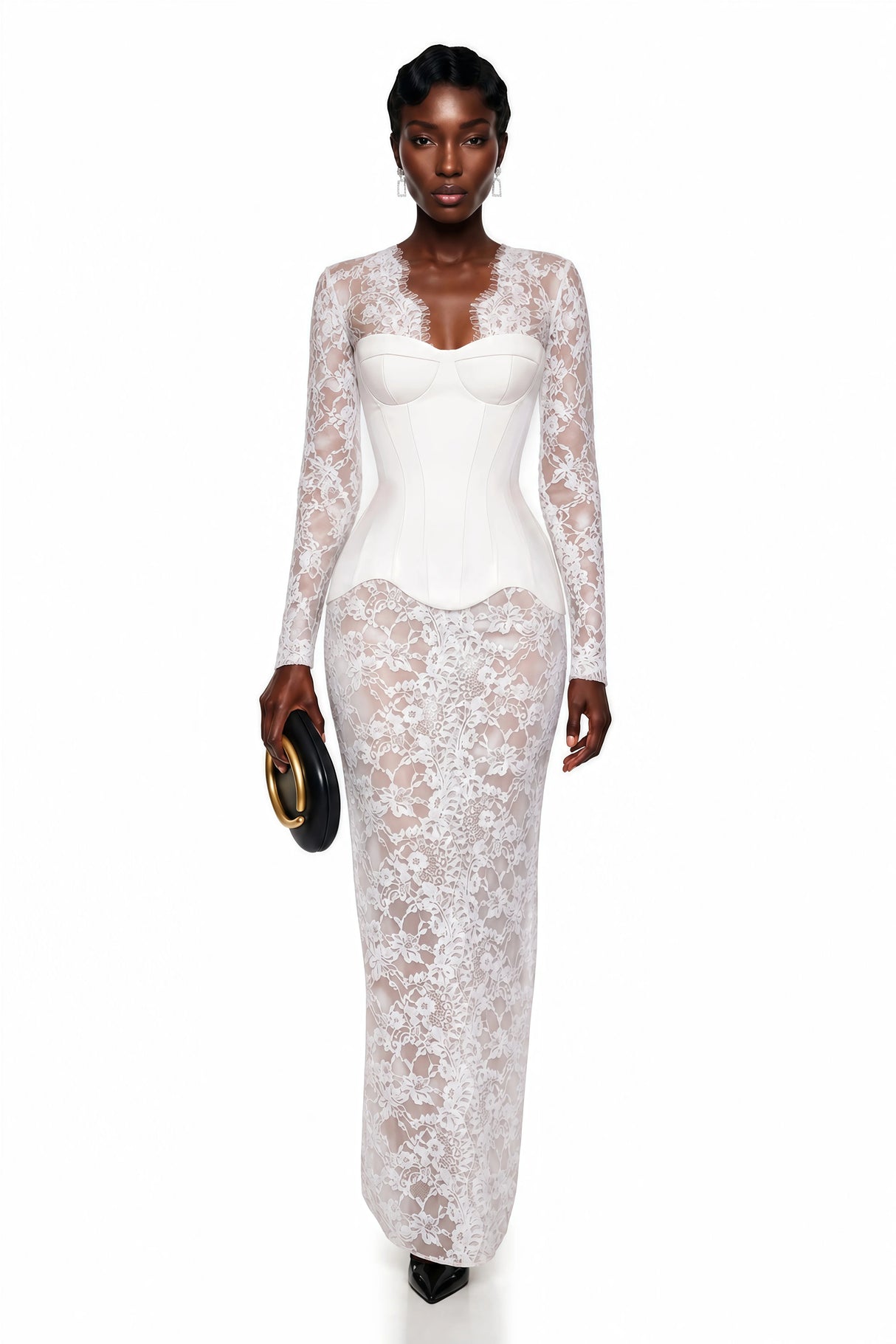 Luciana White Plunge Neck Maxi Dress with Lace Panel