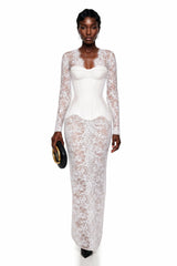 Luciana White Plunge Neck Maxi Dress with Lace Panel