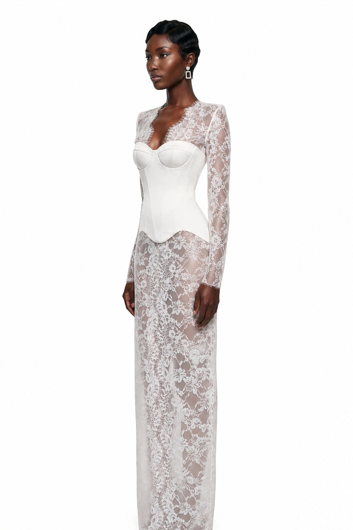 Luciana White Plunge Neck Maxi Dress with Lace Panel
