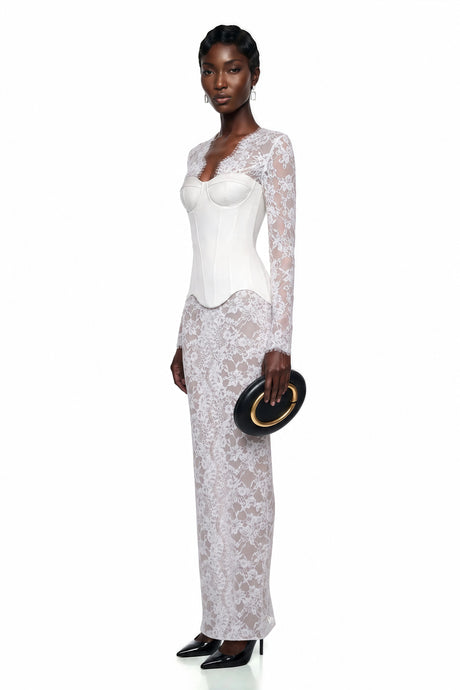 Dorotea Maxi Dress White Plunge Neck with Lace Panel