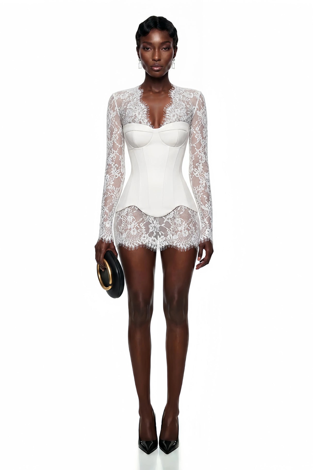 Luciana White Plunge Neck Mini Dress with Lace Panel