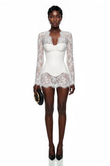 Luciana White Plunge Neck Mini Dress with Lace Panel
