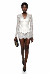 Luciana White Plunge Neck Mini Dress with Lace Panel