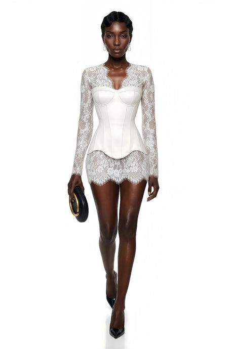 Norah Mini Dress White Plunge Neck with Lace Panel