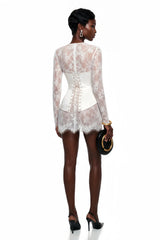 Luciana White Plunge Neck Mini Dress with Lace Panel