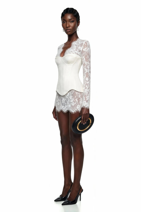 Norah Mini Dress White Plunge Neck with Lace Panel