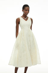 Luciana White Sleeveless Midi Dress with Fitted Bodice