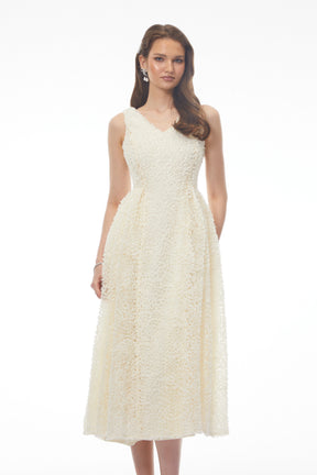 Luciana White Sleeveless Midi Dress with Fitted Bodice