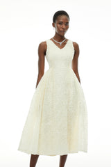 Luciana White Sleeveless Midi Dress with Fitted Bodice