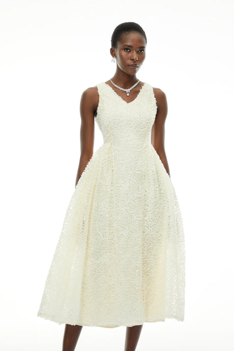 Mallory Midi Dress White Sleeveless with Fitted Bodice