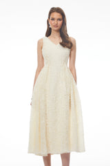 Luciana White Sleeveless Midi Dress with Fitted Bodice