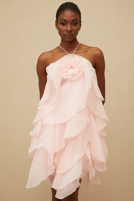 Stefania Mini Dress Pink Tiered Ruffled