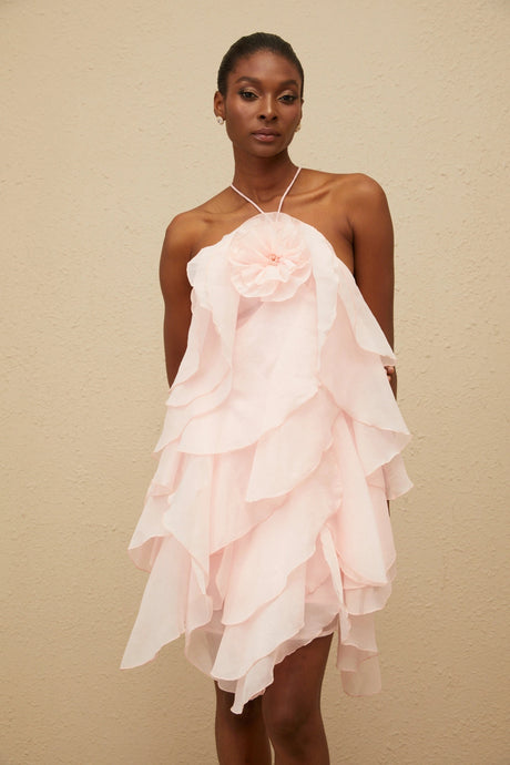 Stefania Mini Dress Pink Tiered Ruffled