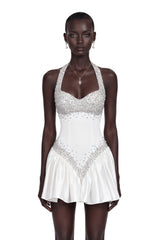 Lucie White Halterneck Mini Dress with Crystal Trim