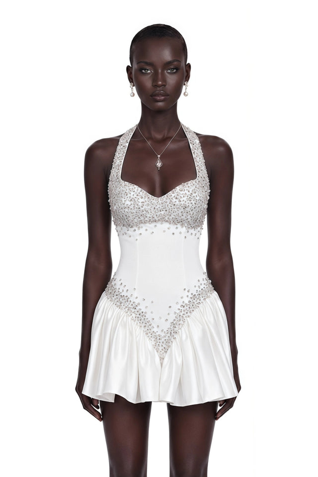 Lucie White Halterneck Mini Dress with Crystal Trim