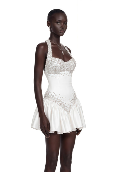 Harper Mini Dress White Halterneck with Crystal Trim