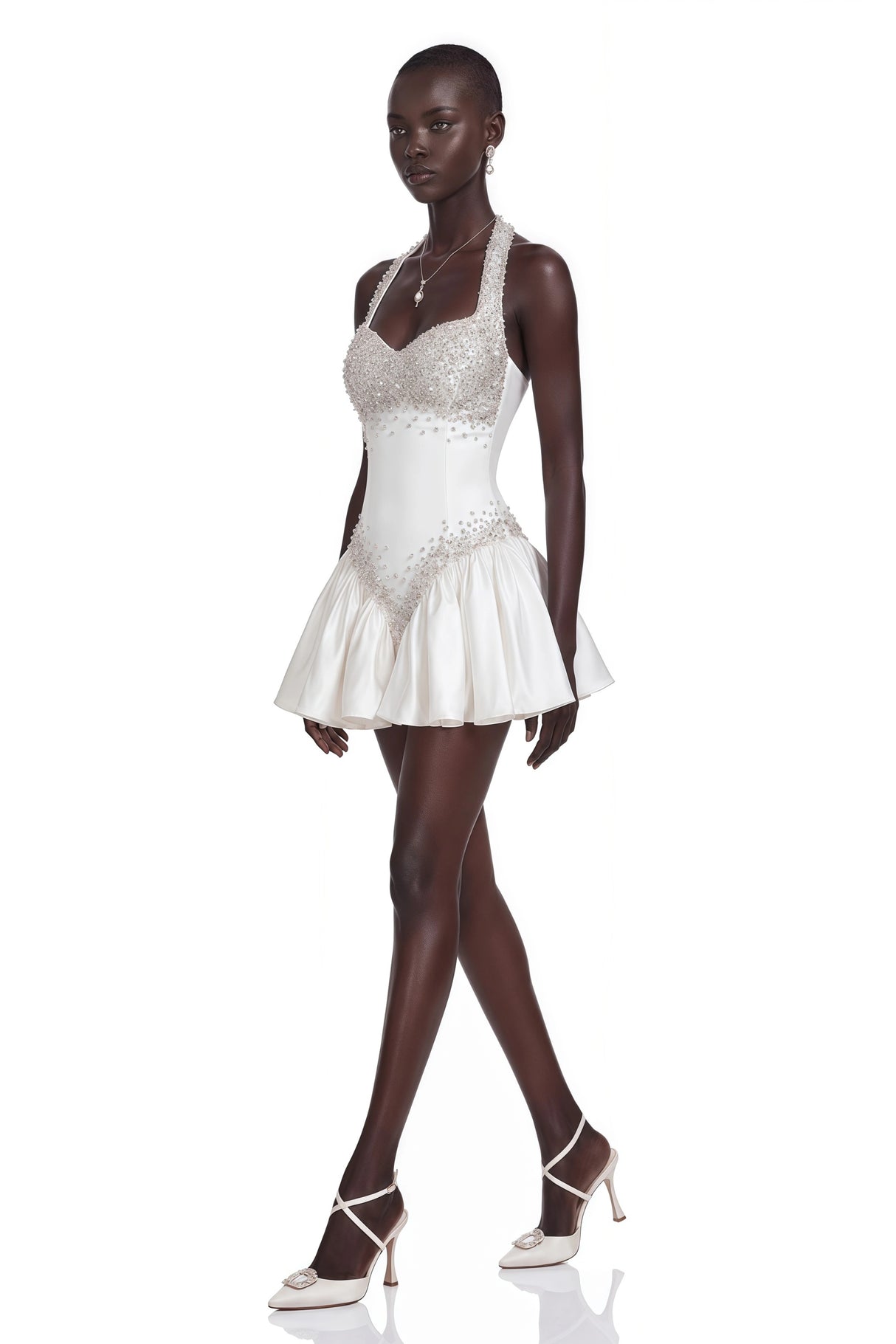 Lucie White Halterneck Mini Dress with Crystal Trim