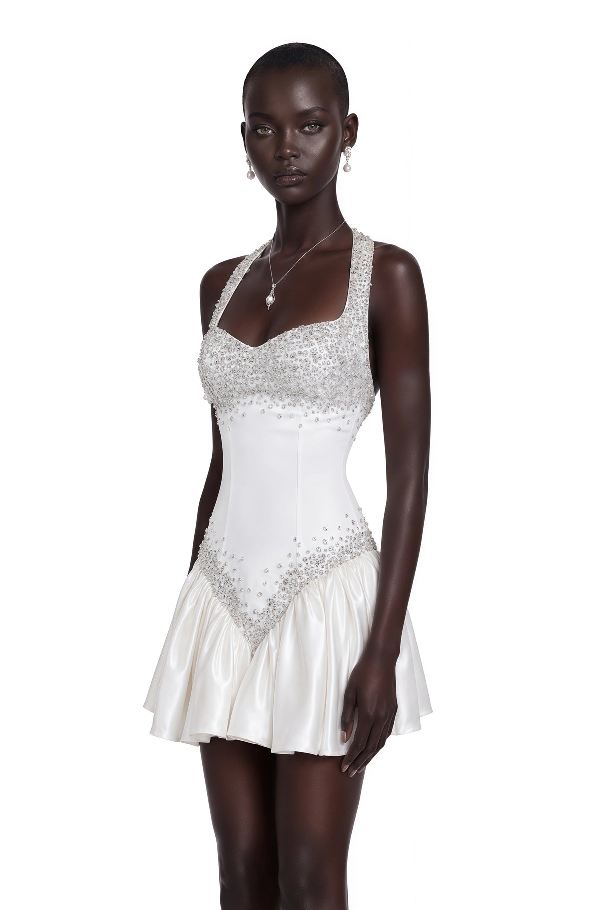 Lucie White Halterneck Mini Dress with Crystal Trim
