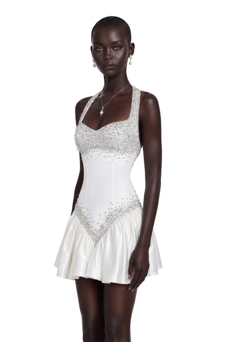 Harper Mini Dress White Halterneck with Crystal Trim