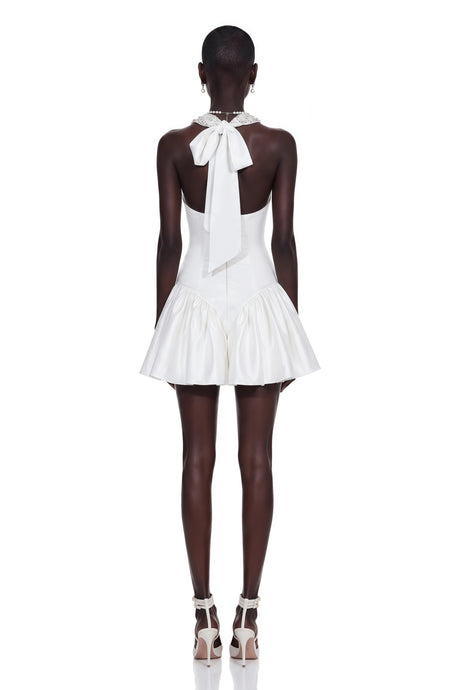 Harper Mini Dress White Halterneck with Crystal Trim