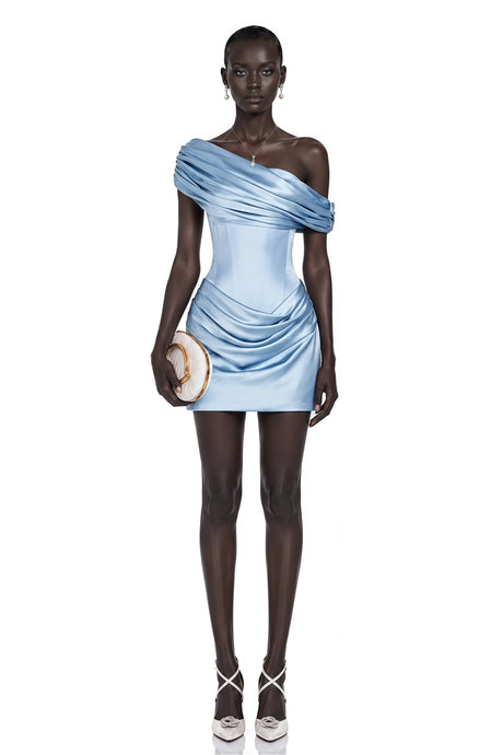 Alessandra Mini Dress Light Blue One Shoulder Ruched