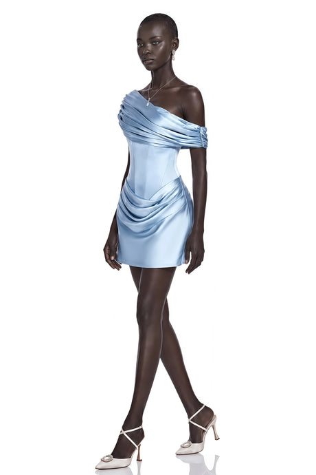 Alessandra Mini Dress Light Blue One Shoulder Ruched