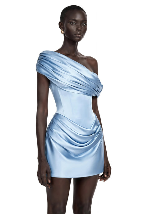 Alessandra Mini Dress Light Blue One Shoulder Ruched