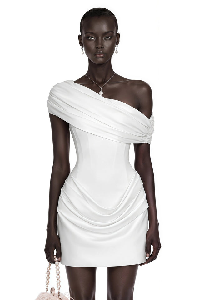 Lucienne White One Shoulder Ruched Mini Dress