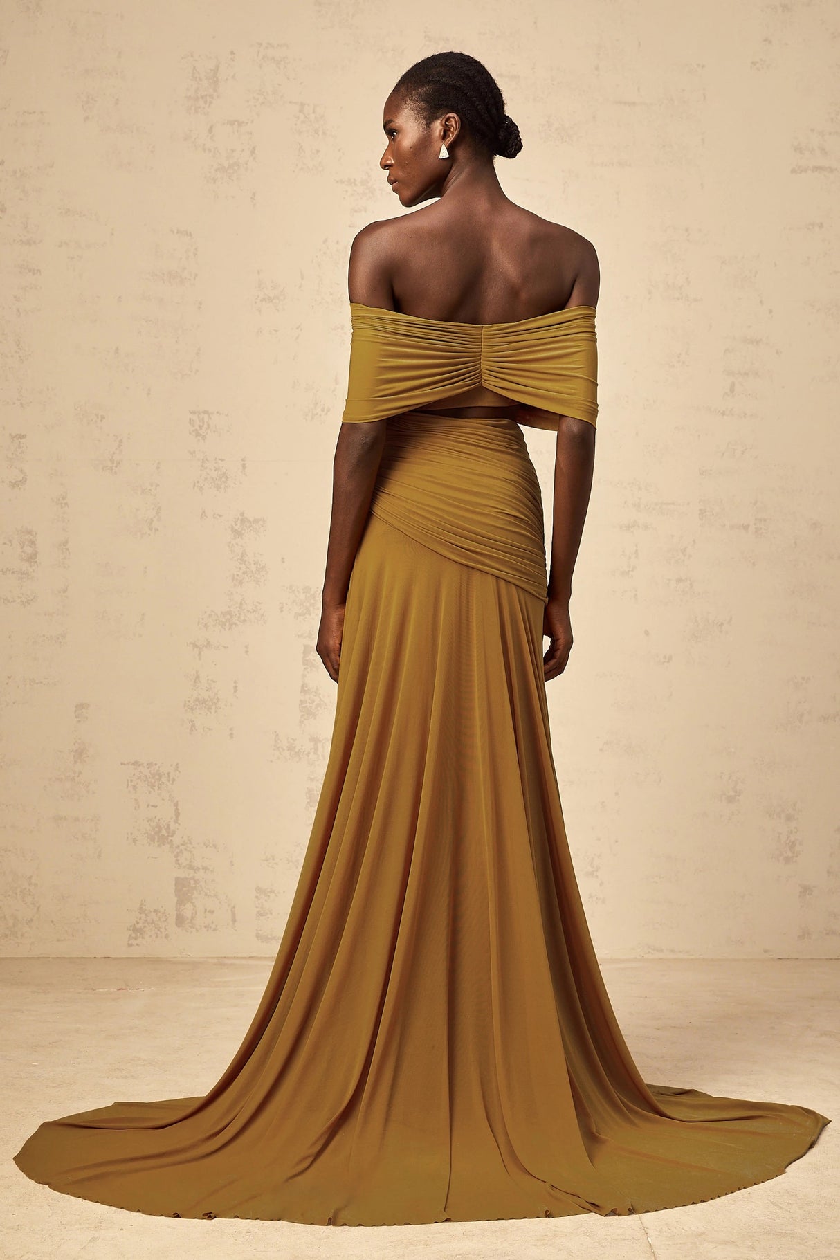 Ludivine ocher offshoulder cutout ruched maxi dress