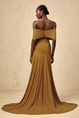 Ludivine ocher offshoulder cutout ruched maxi dress