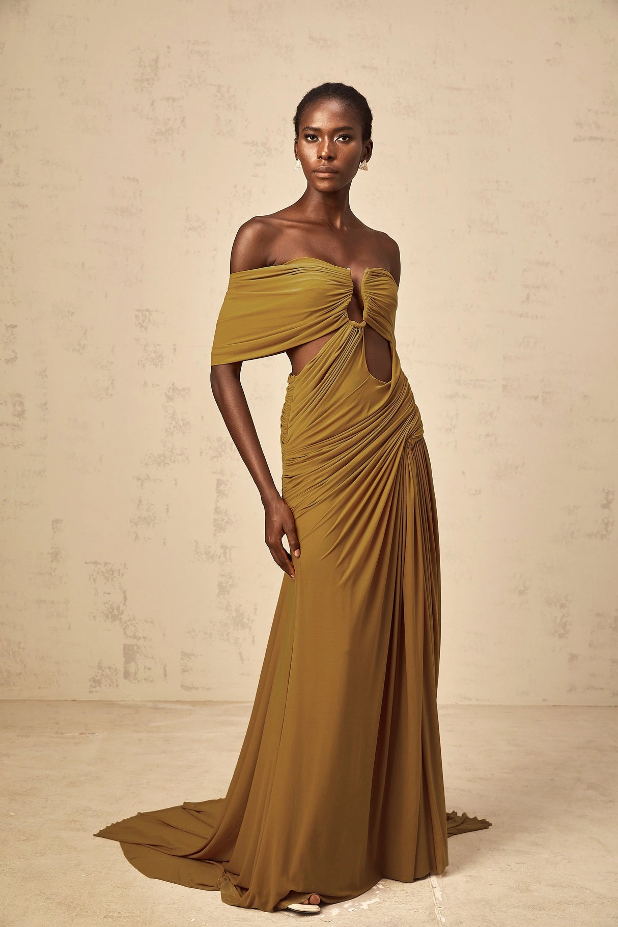 Ludivine ocher offshoulder cutout ruched maxi dress