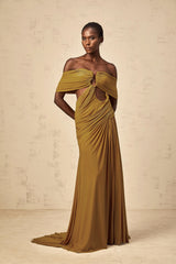 Ludivine ocher offshoulder cutout ruched maxi dress