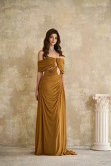 Ludivine Ocher Offshoulder Cutout Ruched Maxi Dress