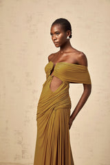 Ludivine ocher offshoulder cutout ruched maxi dress