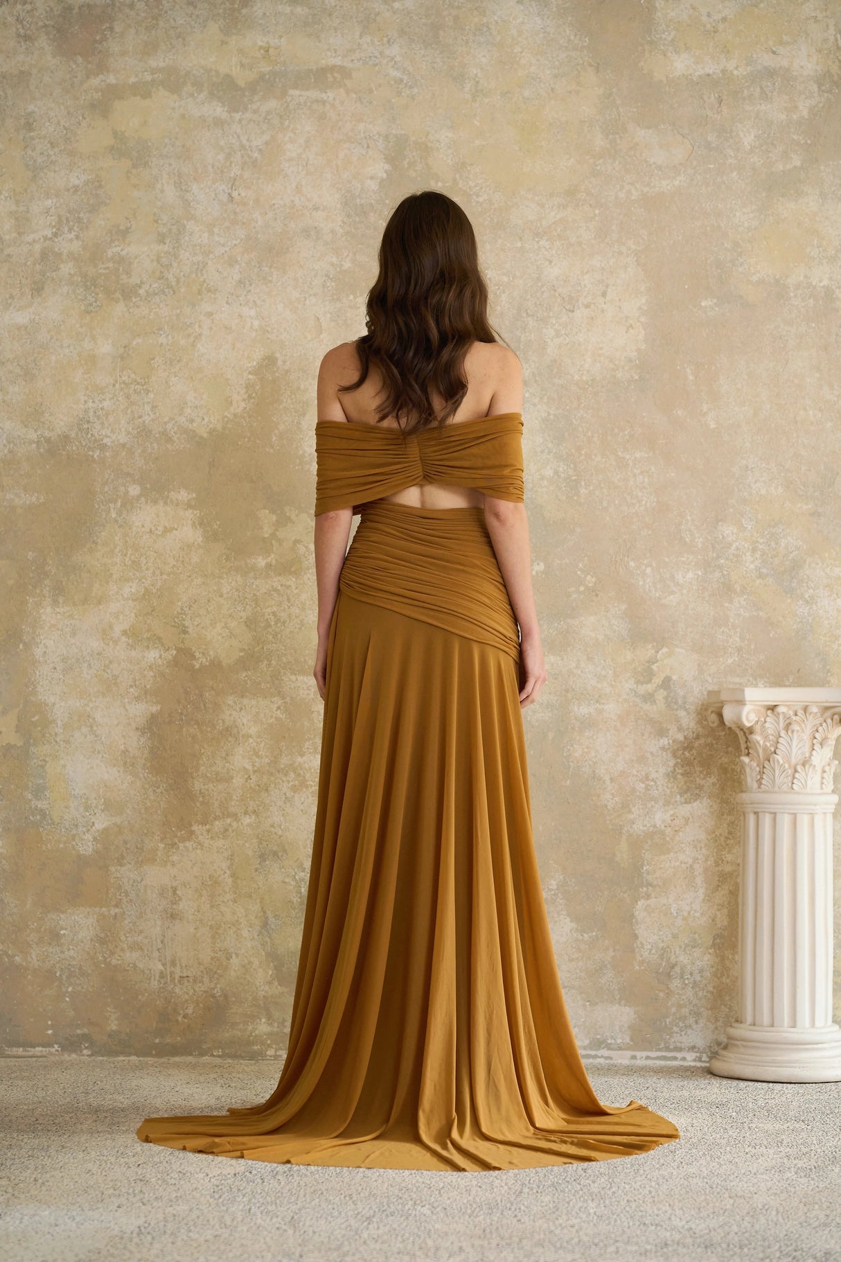 Ludivine Ocher Offshoulder Cutout Ruched Maxi Dress