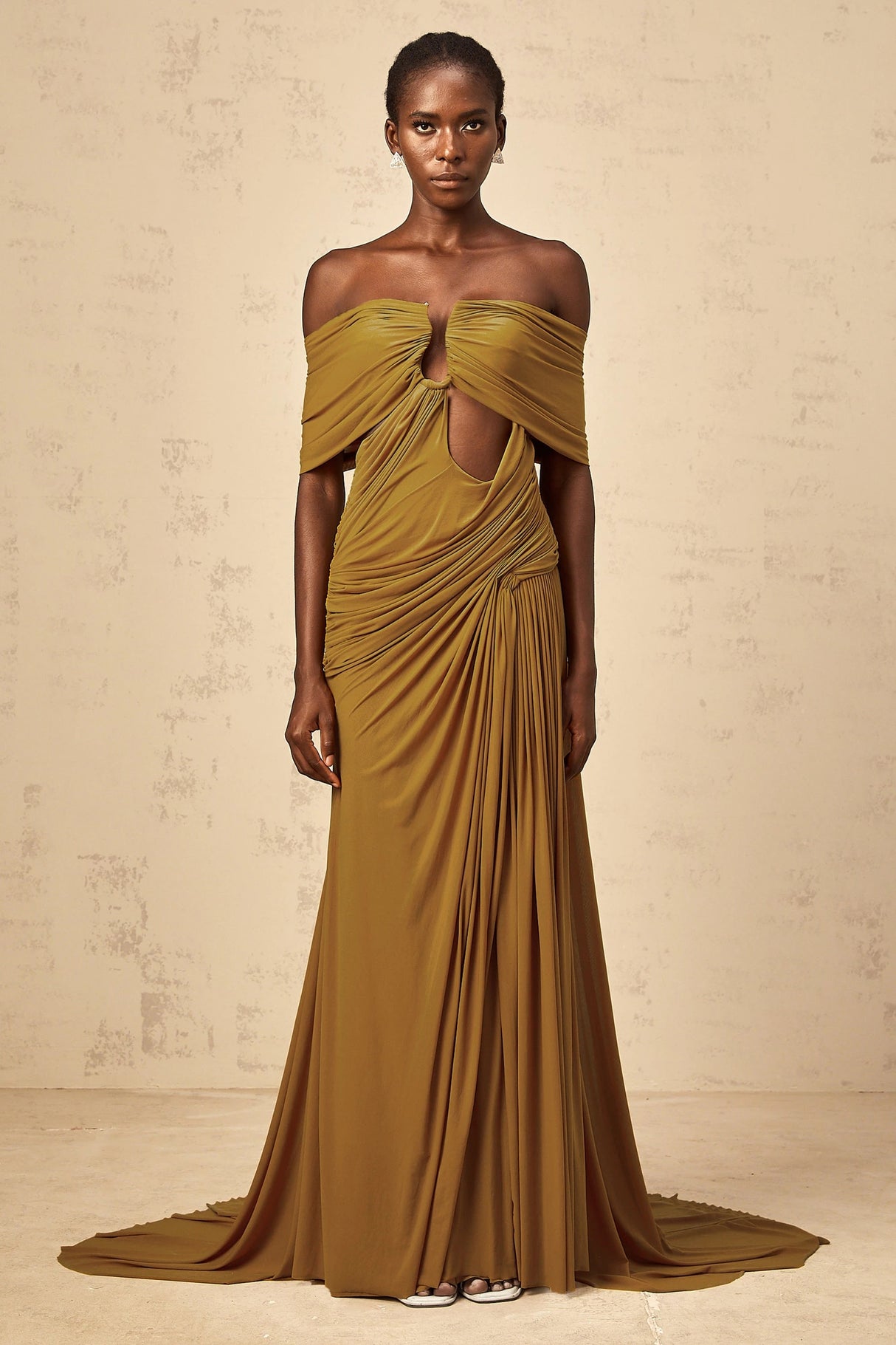 Ludivine ocher offshoulder cutout ruched maxi dress