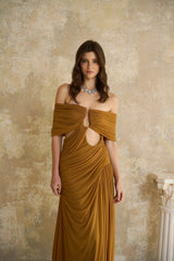 Ludivine Ocher Offshoulder Cutout Ruched Maxi Dress
